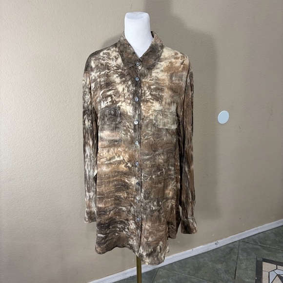 Barbara Lesser Tops - Barbara Lesser Brown Tye Dye Button Down Long Sleeve Blouse Sz XL Boho Whimsical